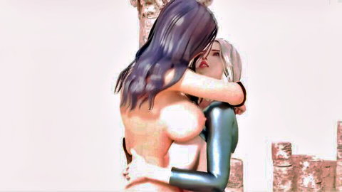 Topless purple-haired babe with huge tits embraces and kisses silver-haired latex-clad superheroine passionately