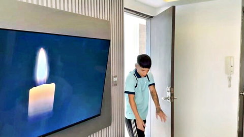 Athletic young man in casual wear bending at door in stepmom cheating fantasy