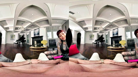 Tattooed redhead Tiger Lilly with dildo, legs spread in lingerie