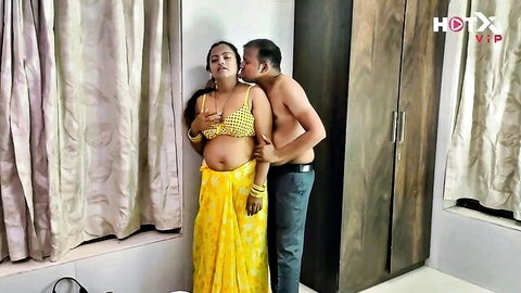 Indian wife in yellow saree has blouse removed and groped by man in desi style embrace
