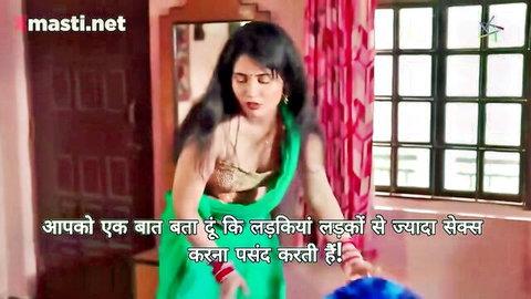 Seductive Indian babe in green saree teases big tits cleavage with creampie sex text overlay