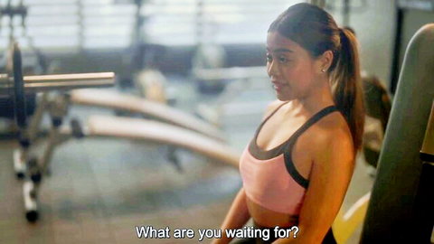 Asian gym girl in pink sports bra, obsessed with her boss