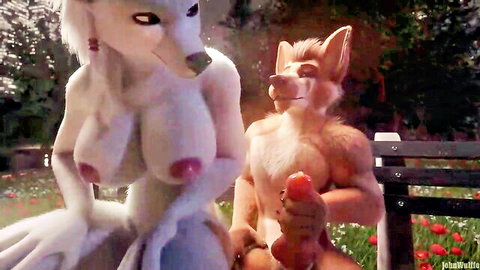 Nude furry wolf girl and fox guy intimate hand touch on bench