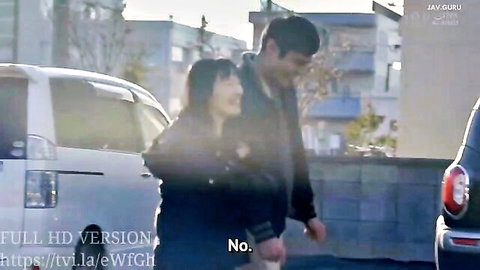 Suzu Honjo walking intimately with partner on urban street, JAV setup scene