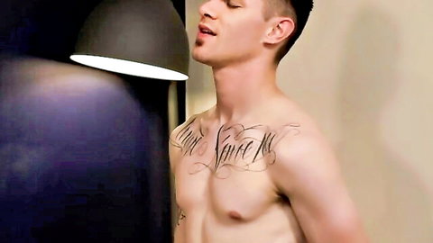 Zak Bishop shirtless with chest tattoos, teasing athletic build for stepbro fuck