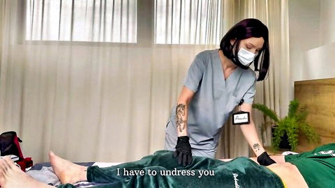 Tattooed Asian therapist undresses injured football player for oily handjob relief