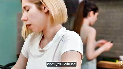 Blonde bestie in white tee chats while nude brunette poses playfully