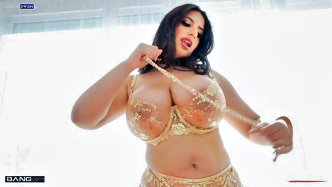 Sarah Arabic in golden lace lingerie, teasing with huge tits