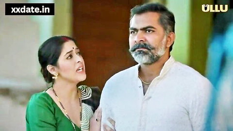 Shocked Indian MILF in green saree stares at bearded older man in white kurta Ullu scene