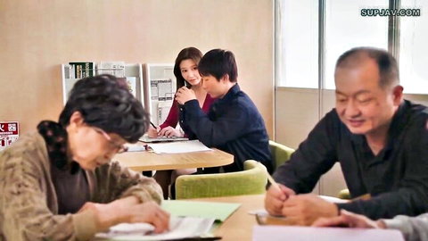 Japanese MILFs and young couple studying intimately at library desks