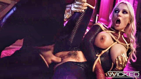 Blonde in gold harness enjoys vaginal penetration in Wicked Spidey Pool threesome