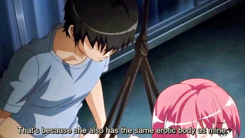 Anime couple with pink-haired girl boasting erotic body in intimate pose