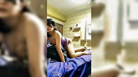 Indonesian amateur babe in purple lingerie on all fours, exposing ass