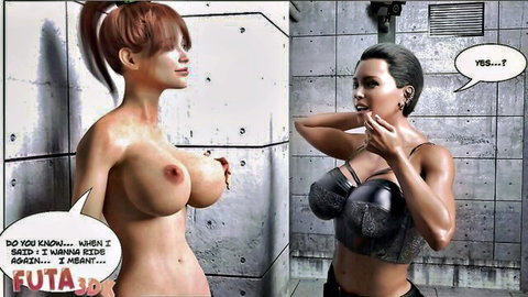 3D redhead futa teases busty girlfriend in black lingerie shower
