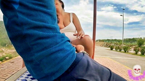 Busty woman gives sloppy public blowjob to big cock on bus outdoor
