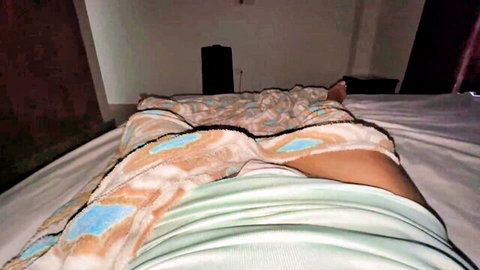 POV closeup of curvy amateur Latina pulling green panties aside exposing shaved pink pussy on bed