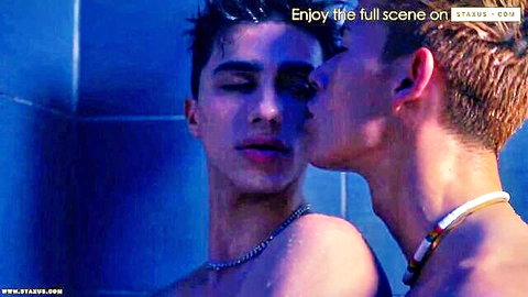 Nathan Luna and twink kissing in steamy shower, Staxus college series