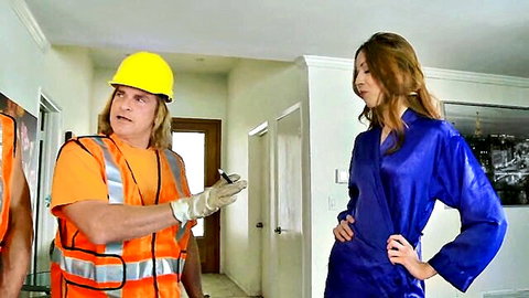 Sexy housewife in silk robe seduced by three construction workers
