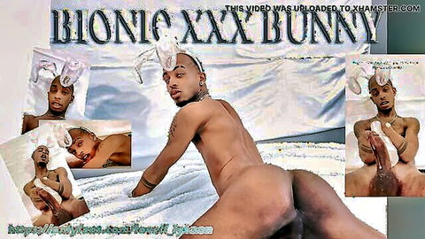 Ebony bunny guy spreads tight ass and strokes big black cock nude on bed