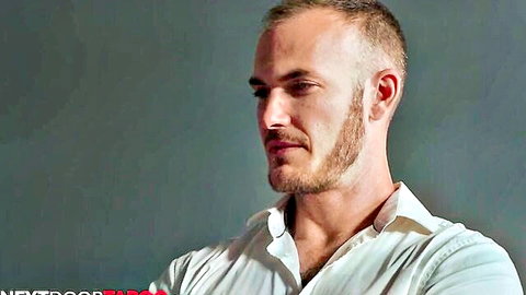 Hot stepdad in white shirt, arms crossed, eyeing twink stepson and bf