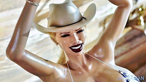 Blonde 3D cowgirl with big tits in skimpy bikini top posing seductively