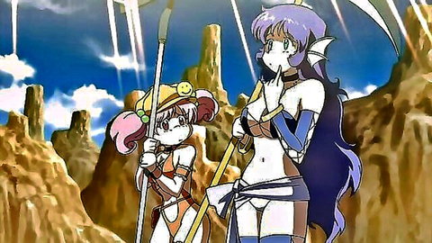 Two anime girls in skimpy bikinis posing with weapons in fantasy rocky landscape
