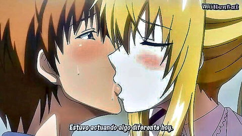 Passionate hentai kiss between blonde girl and orange-haired guy with blushes