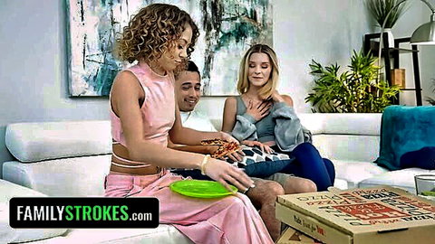 Allie Addison & Maria Anjel tease stepbro with pizza on couch, naughty teen threesome preview