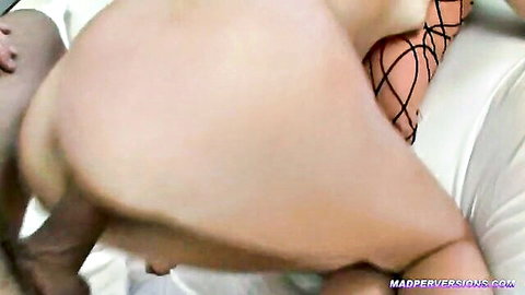 Man's thick cock deeply penetrating blonde's tight asshole from behind in fishnet stockings