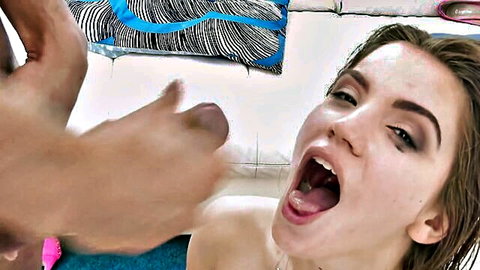 Petite teen with open mouth taking big black cock in intense anal gangbang