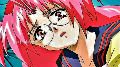Surprised pink-haired anime schoolgirl Momiji with glasses in uniform