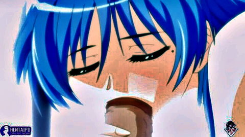 Blue-haired anime hentai girl slurping from phallic semen cup, horny mature lady solo