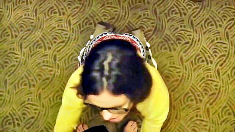 Krissy Lynn as pregnant wife in yellow top, top-down view teasing on floor