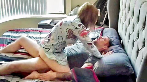 Blonde housewife caught cheating, riding neighbor's cock in bed