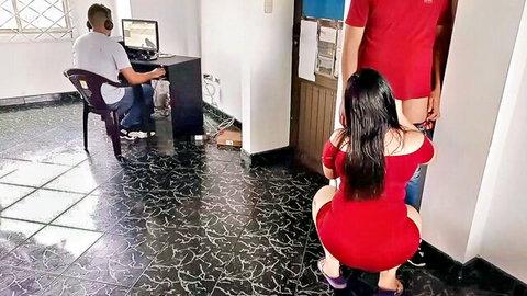 Latina wife in red dress bent over for best friend while oblivious cuckold husband works