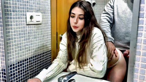 Brunette beauty bent over sink, fucked by landlord in bathroom quickie