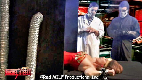 Rachel Steele as bound Wonder Woman captured by Dr. Vibrato in lab