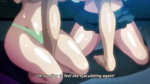 Anime schoolgirls in skirts exposing green panties, seductive pose
