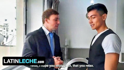 Jonas Matt in suit surprised by hot Latino bellboy in hotel room