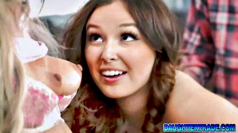 Smiling brunette teen stepdaughter exposes small tits and hard nipple