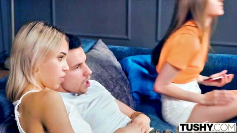 Blonde couple in steamy anal threesome with sexy roomie on couch