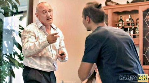 Bald daddy lectures young man with blonde girl watching in Daddy4K car smash scene