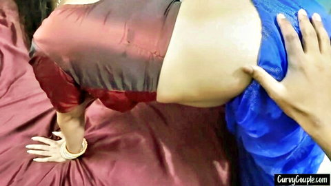 Curvy Indian wife bent over bed as husband grabs her big juicy ass in red saree