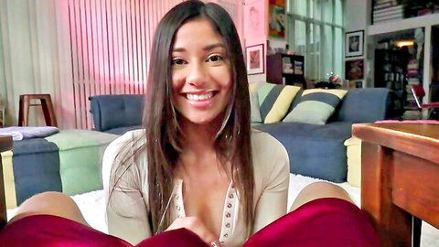 XxLayna Marie petite Latina smiling with cleavage in sexy top and red pants