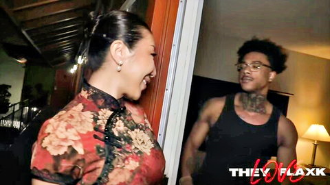 Nicole Doshi in red floral cheongsam flirting with BBC stud at door