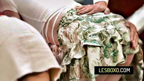 MILF teacher in green skirt touched by women in lesbian threesome