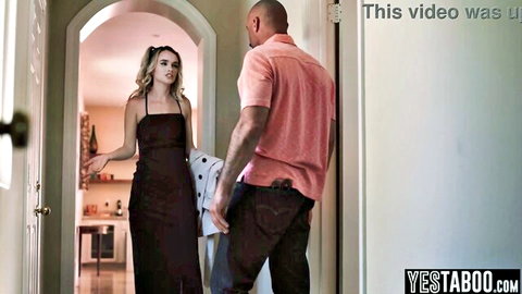 Petite blonde teen in black dress with stepdad at home entrance