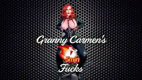 Granny Carmen mature redhead in black latex for vibrator fuck