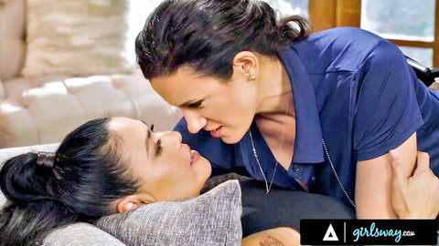 Penny Barber dominant police MILF leans over Dana Vespoli in intimate lesbian discipline scene