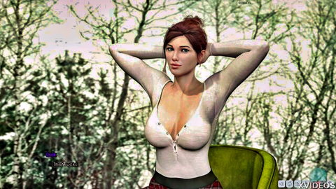 Busty redhead with sticky wet tits in sheer top and skirt, arms raised tease